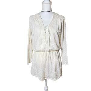 WAYF White Embroidered Lace-Up Long Sleeve Romper Size L